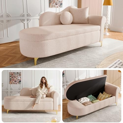 Merax Chaiselongue mit Stauraum, 134 cm Liege mit wellenförmiger Rückenlehne & Boucle-Stoff, hochdichter Schaumstoff, inkl. Lenden- & Nackenkissen, Retro-Look mit Massivholzrahmen, Rosa