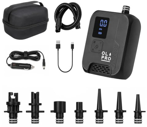 OLPRO High Pressure Rechargeable Air Pump, 20 PSI Portable Electric Inflator with Digital PSI Display, Auto Stop, Torch, 12V Car Cable, Hose & Valve Connectors for Air Tents, Awnings, SUPs, Kayaks