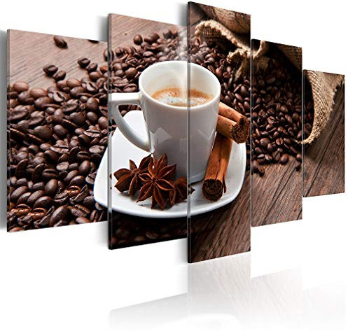 decomonkey Bilder Kaffee Coffee 200x100 cm XXL 5 Teilig Leinwandbilder Bild auf Leinwand Vlies Wandbild Kunstdruck Wanddeko Wand Wohnzimmer Wanddekoration Küche Kaffeebohnen Kaffeemaschine