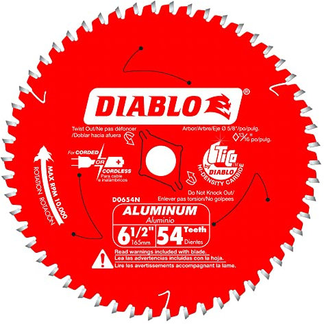 Diablo Saw Blade for Medium Aluminum - 6-1/2 Diameter, 54 TCG Teeth, 5/8 Arbor, .083 Kerf, 0° Hook Angle, .063 Plate, 10000 Max RPM - D0654N