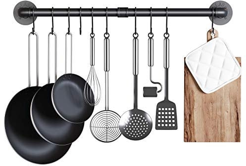 AcornFort® K-172 80 CM 30 Inches Full Metal Solid Iron Wall Mounted Kitchen Pot Pan Bar Rack Bar Hanging Rail Utensils Hanger Organizer Cloth Display Rack with 10 Hooks