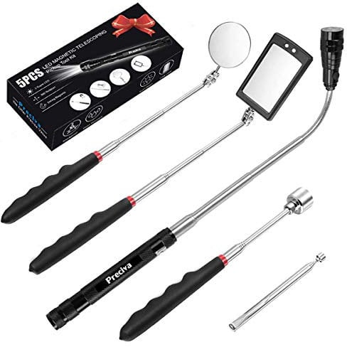 5 PCS Outil de Préhension Magnétique Télescopique pour Ramassage avec LED, Comprenant 15lb/1lb Outil de Ramassages/Rond/Carré Miroir d'Inspection/Poignée Pivot 360°, 4 Batteries(Cinq kit)