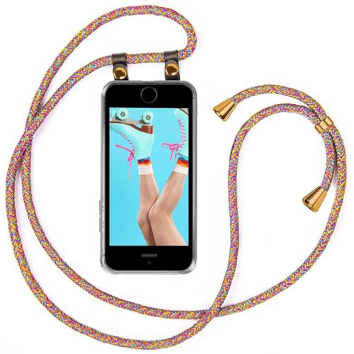 moex Mobile Phone Chain, Compatible with iPhone 5s / 5 / SE (2016) Case with Strap Adjustable Length, Silicone Case, Transparent with Chain in Rainbow, Removable