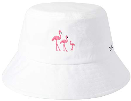 ZLYC Unisex Mode Bestickte Fischerhüte Sommerhut Outdoor-Hut Für Jugendliche (Weiß Flamingo),Gr. Einheitsgröße