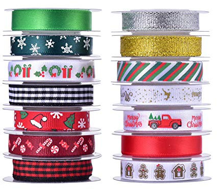 Kingovalley Lot de 15 rouleaux de rubans de Noël en organza gros-grain en satin à paillettes métalliques pour emballage cadeau de Noël, décoration de la saison d'hiver