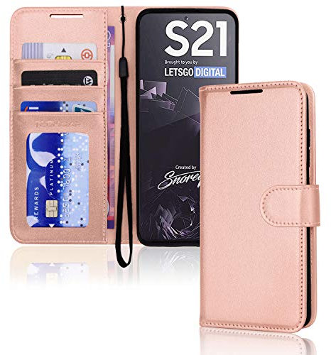 TECHGEAR Galaxy S21 Leather Wallet Case, Flip Protective Case Cover with Wallet Card Holder, Stand and Wrist Strap - Rose Gold PU Leather with Magnetic Closure Designed For Samsung Galaxy S21 / S21 5G