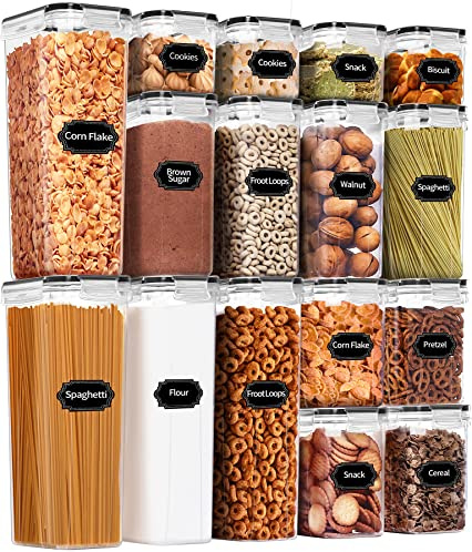 PRAKI Airtight Food Storage Containers Set, 16 Pcs BPA Free Plastic Dry | Kitchen Storage Containers for Pantry Organizers and Storage - Cereal, Rice, Flour and Sugar Containers, 20 Labels & Marker