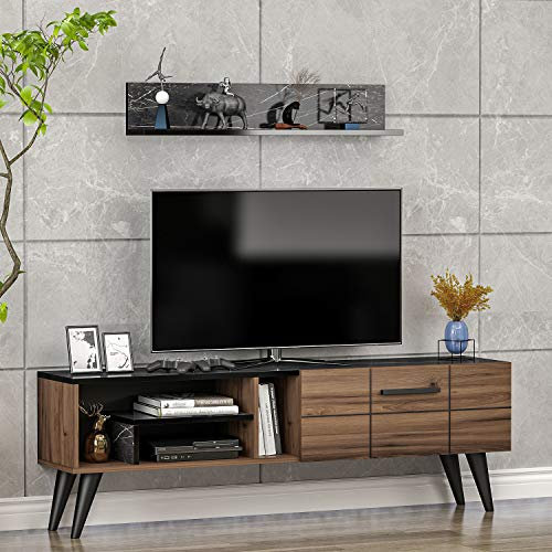 Nora Meuble TV - Banc TV - Moderne Salon Ensemble de Meubles avec étagère Murale au Design élégant (Noyer/Marbre Noir)