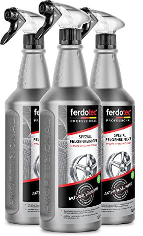 ferdotec® Spezial Felgenreiniger (3 x 1 L) kraftvoll und säurefrei | Autofelgenreiniger mit Wirkindikator für Alufelgen, Stahlfelgen, polierte, verchromte, Matte Felgen | Premium Felgenpflege