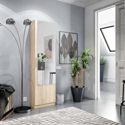 Dmora - Étagère à chaussures Eugene, Armoire à chaussures haute avec 1 porte, Armoire à chaussures moderne, Armoire d'entrée avec miroir, 50x22h180 cm, Chêne