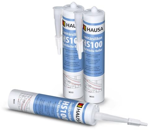 HAUSA Sanitär-Silikon HS100 weiß 3x 310ml hochelastische Fugendichtmasse für Bad Dusche Küche schimmelresistenter wasserdichter Acetat Silikon-Dichtstoff in Kartusche zum Abdichten Verfugen