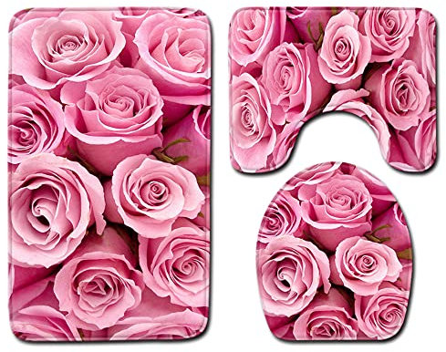 FANSU Lot de 3 Tapis Salle de Bain, Tapis de Bain Antiderapant et Tapis Contour WC Absorbants Lavable Doux Couverture de Toilette Siège pour Baignoire,Douche (45x75cm,Rose Rose)