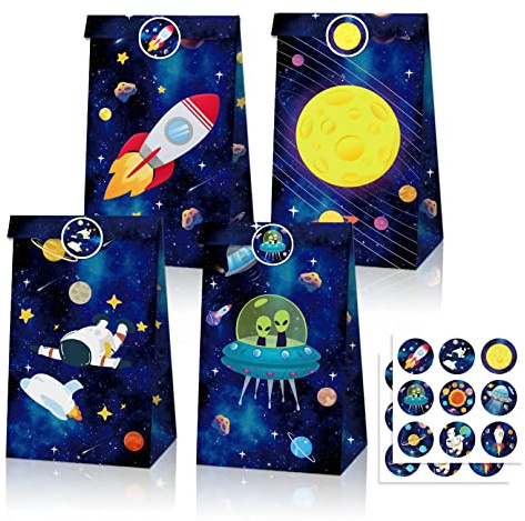 12 Stück Weltraum Partytüten Galaxy Party Favor Treat Bag Sonnensystem Papiertüten Astronaut Candy Geschenktüten Planet Favors Geburtstagszubehör Dekorationen