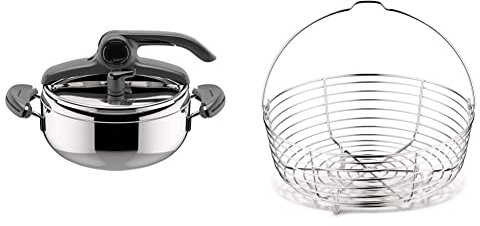 Lagostina Mia Lagoeasy'UP Pentola a Pressione 3.5L in Acciaio Inox 18/10 & Oslash; 22 cm, Pentola Induzione e Gas & Cestello in Filo per Cottura a Vapore in Acciaio Inox 18/10, & Oslash; 19 cm