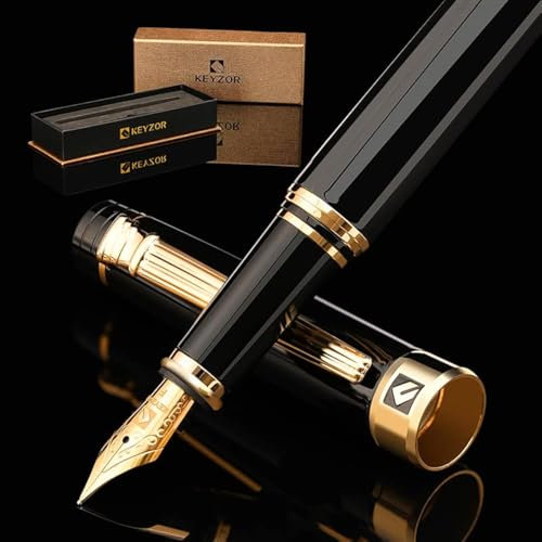 KEYZOR Schwarzer Füller Set, Füllfederhalter edel mit 24k vergoldetem Fein Nib, Tintennachfüllkonverter, Bestes Geschenk für Herren und Damen, Manager, Führungskräfte | Geschenkbox