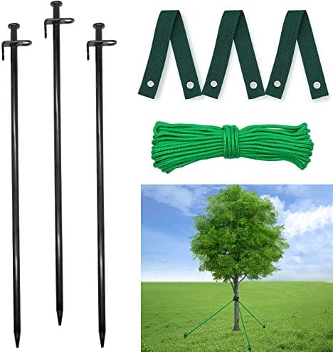 Doksving Baumpfahl-Set, robuste Stahl-Baumstützen zum Anlehnen von Bäumen für Hurrikanschutz und schlechtes Wetter. Enthält 3 Stück 40,1 cm Stahl-Baumpfähle, 3 Stück 40,1 cm Baumgurte, 10 m Seil