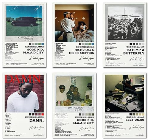Ein Set mit 6 Leinwand-Postern, Lamar-Poster, Good Kid Maad City, Poster Verdammtes Poster, Mr. Morale & The Big Steppers, Posterabschnitt, 80 Poster To A Butterfly, 6-teiliges Set, 20,3 x 30,5