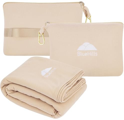 BlueHills Reisedecke, Kissen, kompakt, leicht, Taschengröße, Flugzeug, Reisen, unverzichtbar, Flugzeug, Überwurf, in Tasche, tragbare Hülle, Flugzeugzubehör, Beige L06