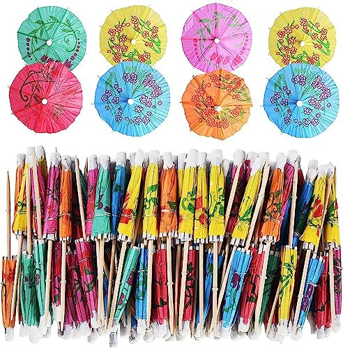AWAVM 144-Pack Cocktail Umbrella Sticks Drink Picks, Cupcake Toppers,Hawaiian Decoration Umbrella,Luau Parasols Toothpicks for Tropical Hawaiian Tiki Party Decorations