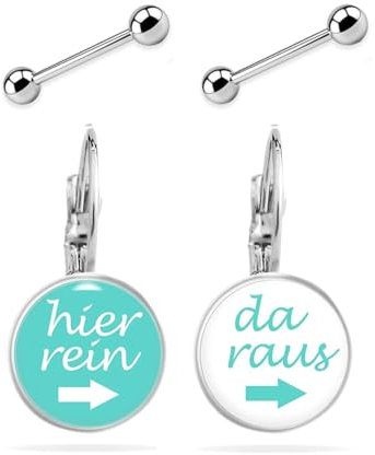 Teenager Mädchen Geschenke Set Lustige Damen Hängend Ohrringe Hier Rein Da Raus Jugendliche Handmade Witzig Ohrstecker Cabochon Edelstahl Türkis Weiß Silber 16G Länge 10 mm