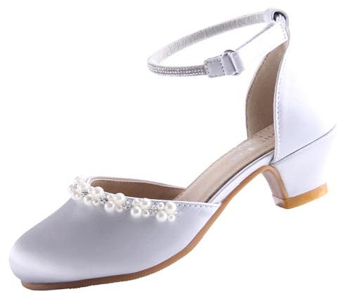 EIGHT KM Scarpe Mary Jane con Tacco Alto da Ragazza Principessa per Matrimonio e Festa EKM7033 Seta Liscia Lucida perlacea Argento Taglia EU 37