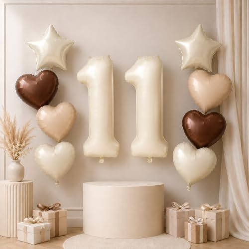 Luftballon 11. Geburtstag für Mädchen, Nude Creme Beige Helium Zahl 11 Folienballon Neutraler Stern Ballon Deko, Cremefarbene Braun Aprikose Kaffee Herz Ballon für Geburtstagsdeko Jubiläum Party Deko