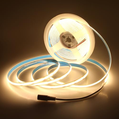 Aclorol 5M COB LED Strip Warmweiss 3000K 12V LED Streifen CRI85+ 8mm Breite mit Selbstklebend Flexibel Lichtband für Küche Kleiderschrank Heimdekoration(Netzteil und Controller nicht enthalten)