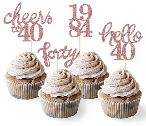 24 Pcs Glitter 40th Birthday Cupcake Toppers for Celebrating Forty Years Old Birthday Party Decorations for 40th Anniversary Party Supplies (Rose Gold2)