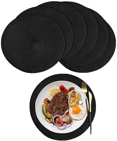 6 Stück Runde Platzdeckchen, Hitzebeständig Runde Platzsets, Gewebte Platzdeckchen Hitzebeständig, Waschbare Runde Tischsets, Schwarze Runde Tischsets, für Küche, Fest, Hochzeit