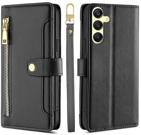 Handykette kompatibel mit Samsung Galaxy A25 | Leder Handyhülle mit Kartenfächern | Handyhülle zum Umhängen | Schwarz