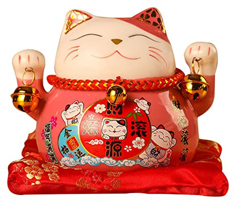Glückskatzen Spardose 12 x 9 x 10 cm Japanische Deko Maneki Neko Keramik Glückskatze Spardose Feng Shui Münzbank Glücksbringer Kleingeld Spartopf für Schreibtischdekoration (Pinke)