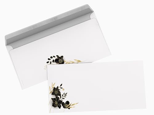 Motivpapier-Serie Black Flowers | 10 Kuverts DIN LANG | Briefumschläge | haftklebend | Blumen