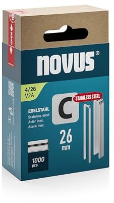 NOVUS TOOLS Schmalrückenklammern 26 mm aus Edelstahl, 1000 Tacker-Klammern vom Typ 4/26, für den dauerhaften Außeneinsatz, Schiebeschachtel, Heftmittel für Profilhölzer und Paneele