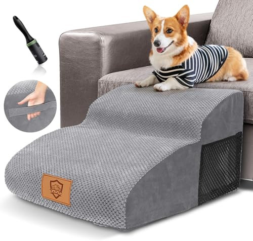 HEVOL Hundetreppe für Kleine Hunde, 2 Stufen Haustiertreppe mit Waschbarer Bezug, Abnehmbar Katzentreppe, Tragbare Hunderampe Hunde Treppe für Sofa Bett, Grau