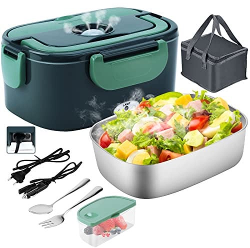 Gentre Fiambrera Electrica 4 en 1 12V/24V/220V~240V Calentador de Comida Portatil con Termo para Coche Camión y Trabajo 1.5L 60W en Acero Inoxidable con Tartera Bolsa Térmica y Juego de Cubiertos