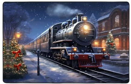 WZYWHJ Teppiche, Wohnzimmer-Fußmatten, Läufer, rutschfest, für Kinderzimmer, Spielteppich, 152,4 x 99,1 cm, Winter, Weihnachten, Schnee, Nacht, Eisenbahn, Zug, bedruckt