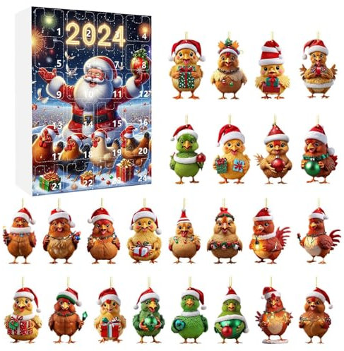 Huhn Adventskalender 2024, Küken 24 Tage Weihnachten Countdown Kalender, 2D Stocking Stuffer Collectible Ornaments, Huhn Anhänger mit Weihnachtsmannmützen Überraschung Countdown