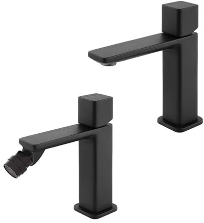 Set Miscelatori Per Lavabo E Bidet Con Manopola Senza Leva In Ottone Nero Opaco Della Linea Lotus, Completo Di Pilette Click Clack E Kit Di Montaggio