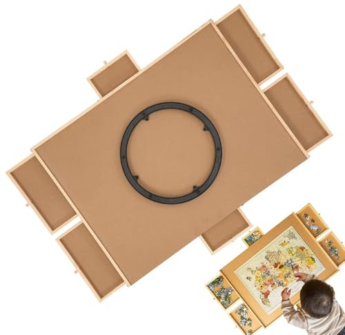 SVCEQZE Wooden Rotating Jigsaw Puzzle Table With Coding, Wooden Jigsaw Puzzle Table For Adults And Kids, Rotating Puzzle Table, Rotating Puzzle Board With Drawers, 76.2x54.5cm