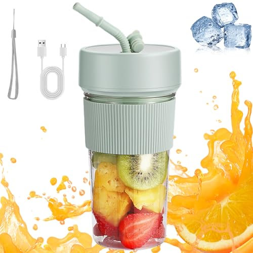 Portable Juicer 350ml USB BPA-Free Mini Portable Blender Cup with Straw and 6 Stainless Steel Blades Leakproof Personal Size Blending Cup with Lanyard for Kitchen Travel Gym Green