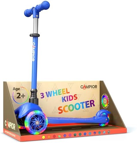 Blue Mini 3 Wheel Scooter for Kids – Lean-to-Steer with LED Light-Up Wheels, Adjustable Handlebar, Wide Anti-Slip Deck, Smooth PU Wheels, Rear Foot Brake – Toddler Scooter for Ages 2+