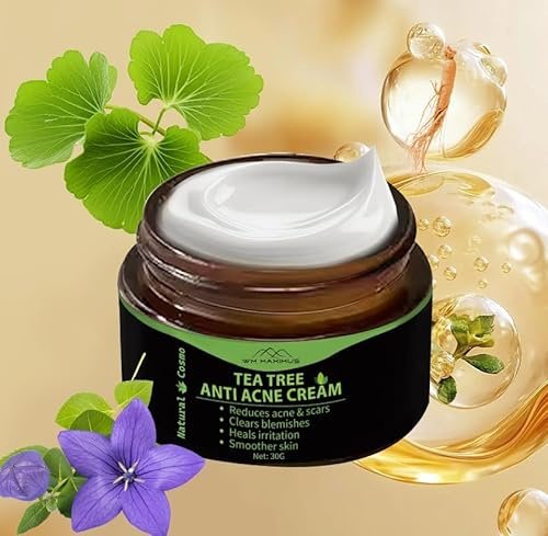 Teebaum Anti-Akne-Creme gegen Pickel, Mitesser und Hautunreinheiten – Natural Cosmo Creme Mit natürlichen Kräuterextrakten für genährte Haut (30 g)