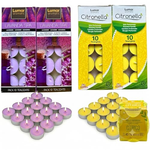 Kit anti-moustiques naturel - 20 bougies à la citronnelle + 20 bougies de lavande + gel répulsif + photophore en verre | Arômes naturels pour intérieur et extérieur | Sans produits chimiques ni prises
