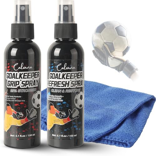 Calvana (2er-Pack) 5.1 fl.oz Torwarthandschuh-Reinigungs- & Griff-Spray-Set, inklusive 1 Reinigungstuch, für alle Fußball- und Fußball-Torwarthandschuhe, gründliche Reinigung und erhöhte Griffigkeit