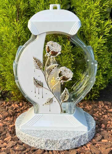Grablampe Grablicht Grabkerze Laterne mit Rosenmotiv in Gold, 34 cm H. - Kerze Grabkerze Grabdekoration inkl. Kerze ohne Sockel NEU