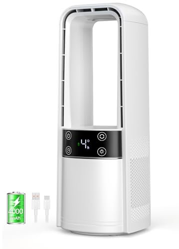 Ventilador de escritorio sin aspas, ventilador oscilante de 120° recargable, ventilador silencioso con luz nocturna, control táctil LED inteligente, temporizador de 4 velocidades y 9 horas, ventilador