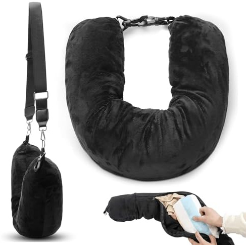 Rayakt Stuffable Neck Pillow for Travel, 80 * 18.5cm Adjustable Travel Neck Pillows, Ultra-Soft Washable Pillow with Storage Bag, Fillable with Clothes for Plane, Train & Car Essentials (Black)
