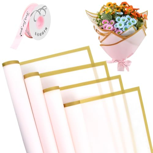 ZiyonixFlower Wrapping Paper 20 Sheets with 1 Roll of Ribbon, Waterproof Bouquet Wrapping Paper, Gold Edge Floral wrapping paper, Florist Bouquet Packaging for Wedding, Birthday, Gift DIY (Rose)
