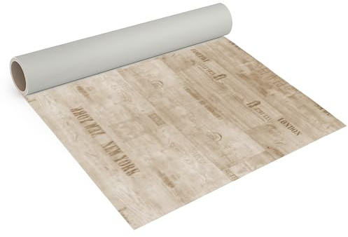 Internethandel Pfordt CV Bodenbelag Holz Schriftzüge Creme 100x200 cm | PVC Boden für Wohnzimmer, Schlafzimmer und Flur, 2,5 mm Gesamtdicke, 0,20 mm Nutzschicht und Nutzungsklasse 22