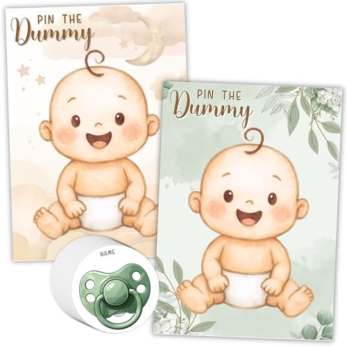 Templatables Pin the Dummy Baby Shower Party Game – Double Sided A2 Poster, 35 Stickers, Fun Baby Shower or Gender Reveal Party Game (Green/Brown)